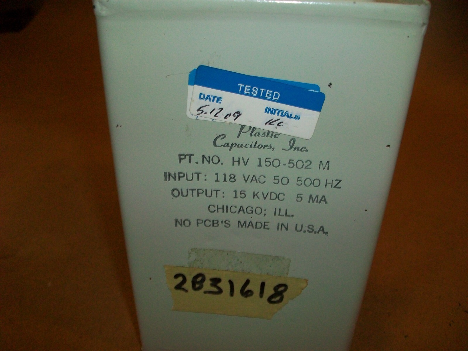 Plastic Capacitors Inc HV150-502M Input 118vac 50-500hz Output 15KVDC @ 5mA