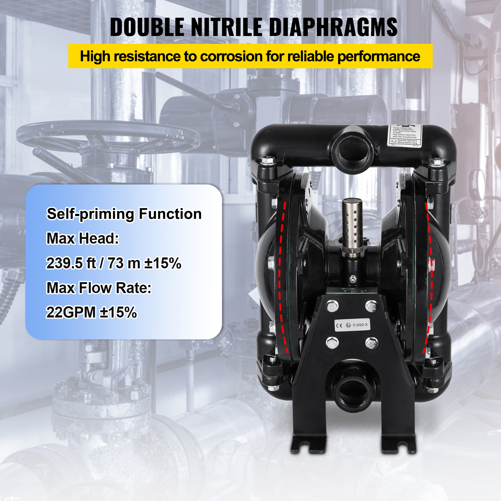 VEVOR Air-Operated Double Diaphragm Pump 1″ Inlet Outlet Petroleum Fluids 35GPM