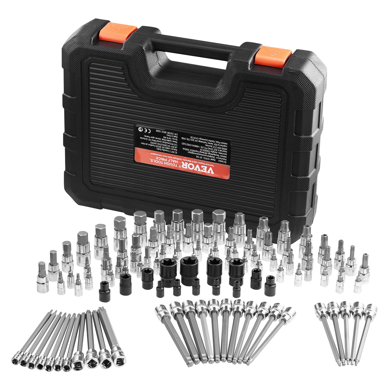 VEVOR Bit Socket Set 107-Piece SAE and Metric Hex/Torx/E-Torx/Tamper-Proof/Extra