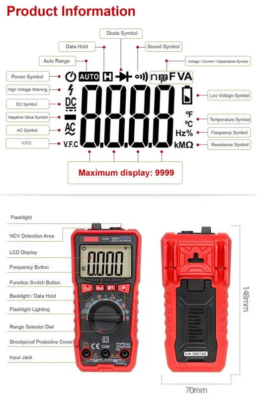 Digital Multimeter TA806 True RMS Auto Ranging AC DC Voltage Resistance Tester