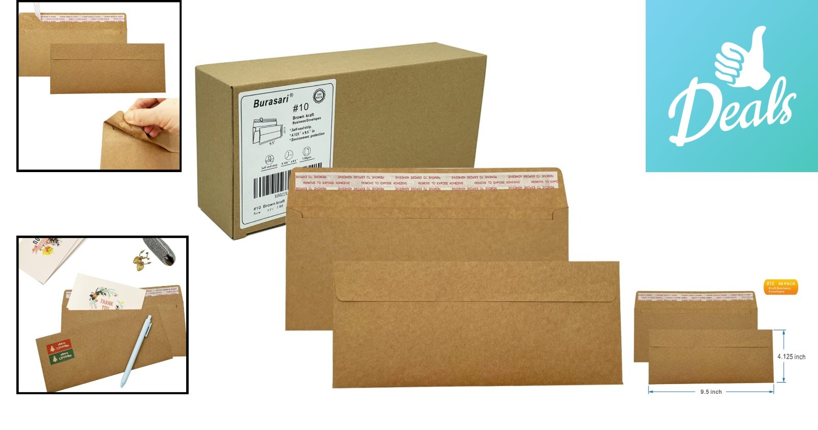 Windowless Brown Kraft Envelopes, 4.125×9.5in, Self-Adhesive Closure, 80 Pack