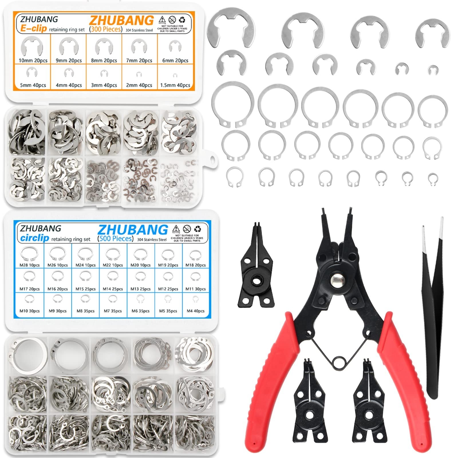 800Pcs C-Clip & E-Clip Assortment Kit, Snap Rings, 304 Stainless Steel + Plier S