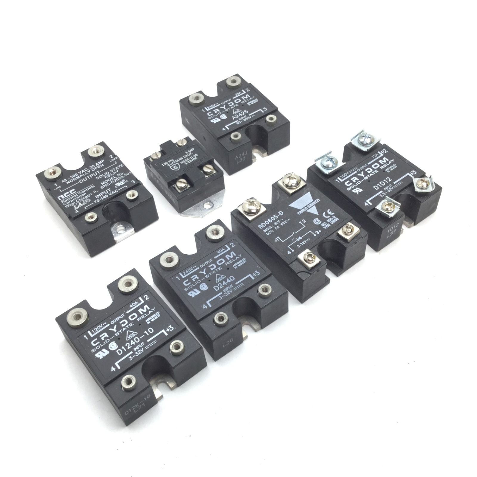 Lot of 7 Assorted Solid State Relay, 5A 12A 25A 40A 60VDC 100VDC 120VAC 240VAC