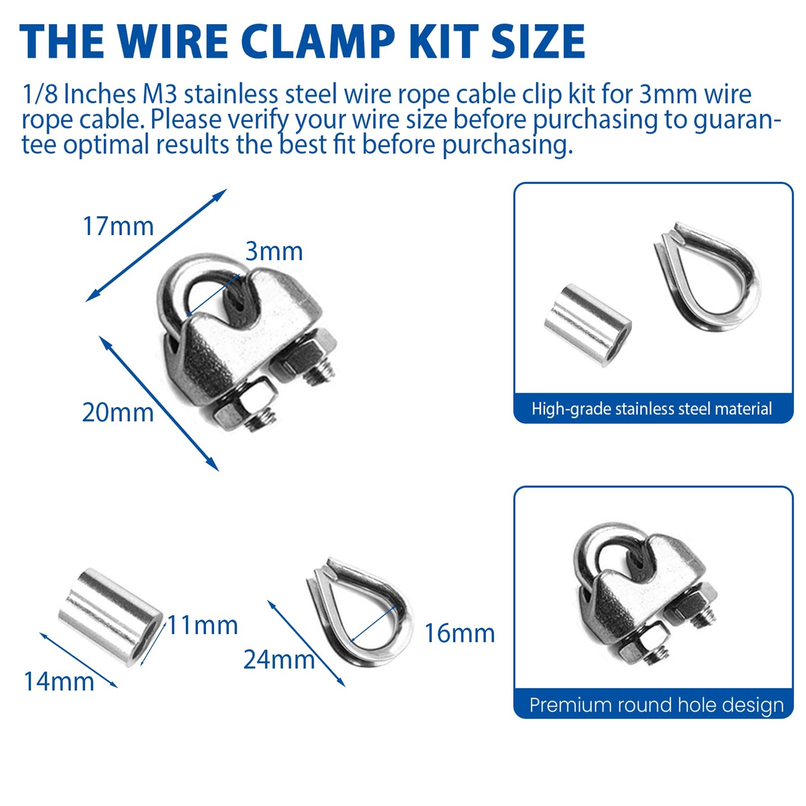 60PCS 1/8 Inches M3 Stainless Steel Wire Rope Cable Clip 60pcs-M3(1.5mm-3mm)