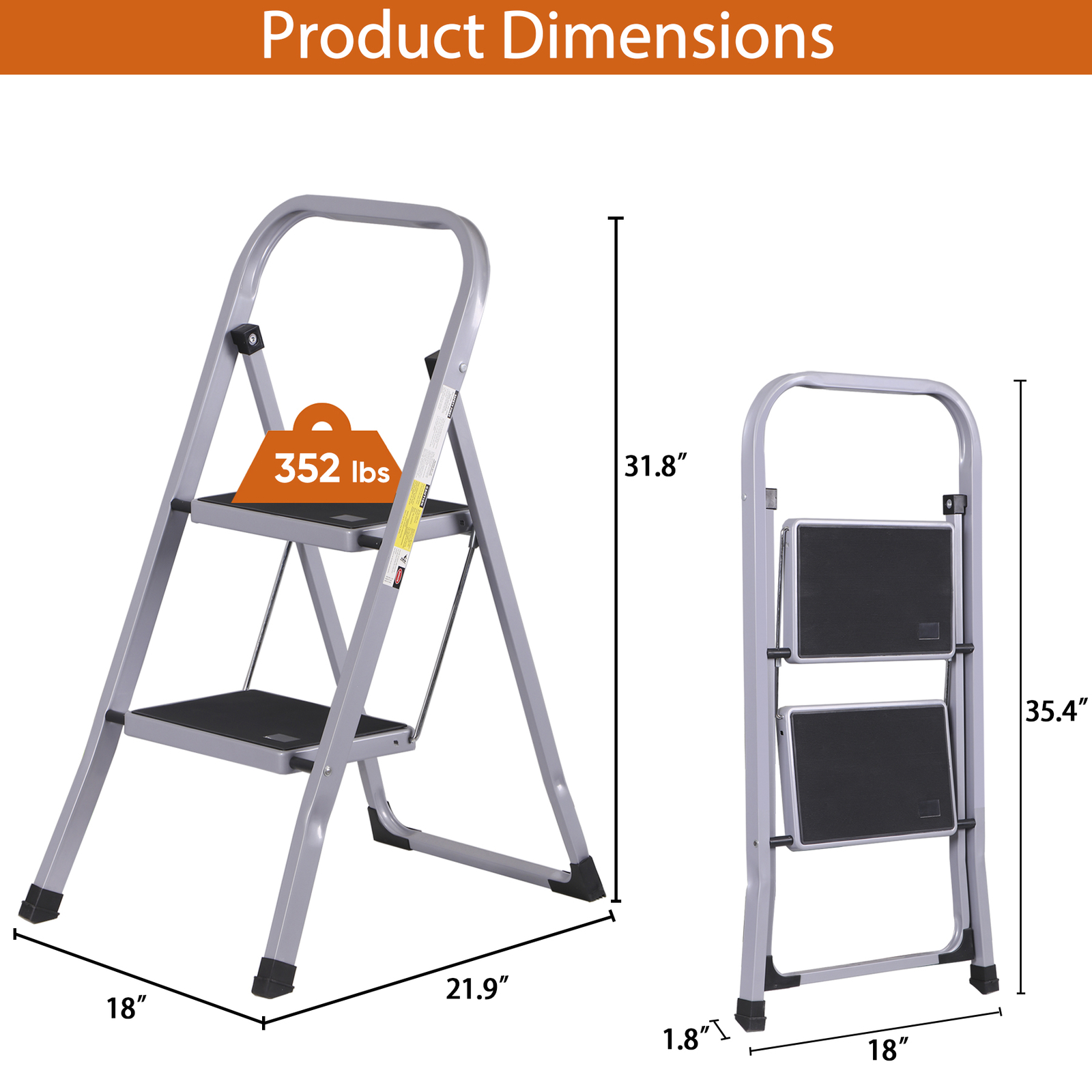 2 Step Ladder w/Anti-Slip Pedal Convenient Handgrip for Home Daily Use Gray
