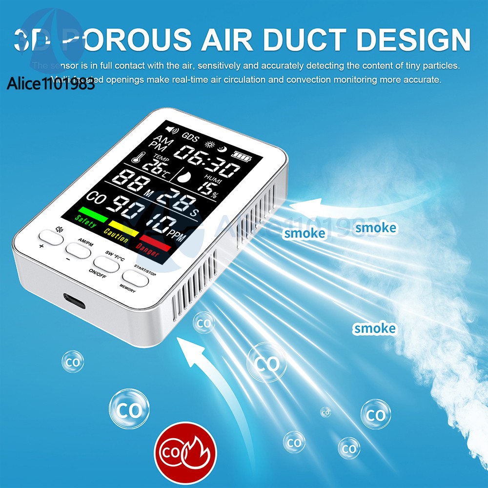 5-in-1 Portable Carbon Monoxide Alarm Temperature Humidity Air quality Tester