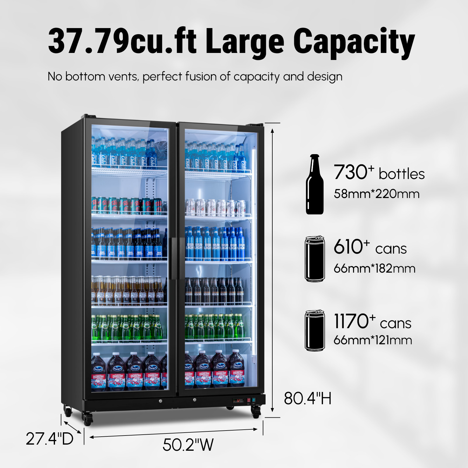 Yeego 37.79 Cu.ft Commercial Display Beverage Refrigerator W/Shleves,Light Store