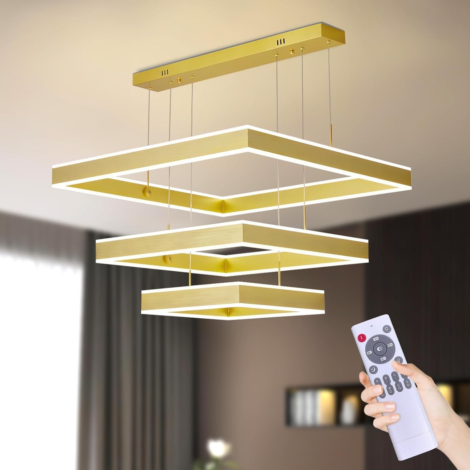 Modern Gold 3-Ring Square LED Chandelier Dimmable Ceiling Light w/ Remote