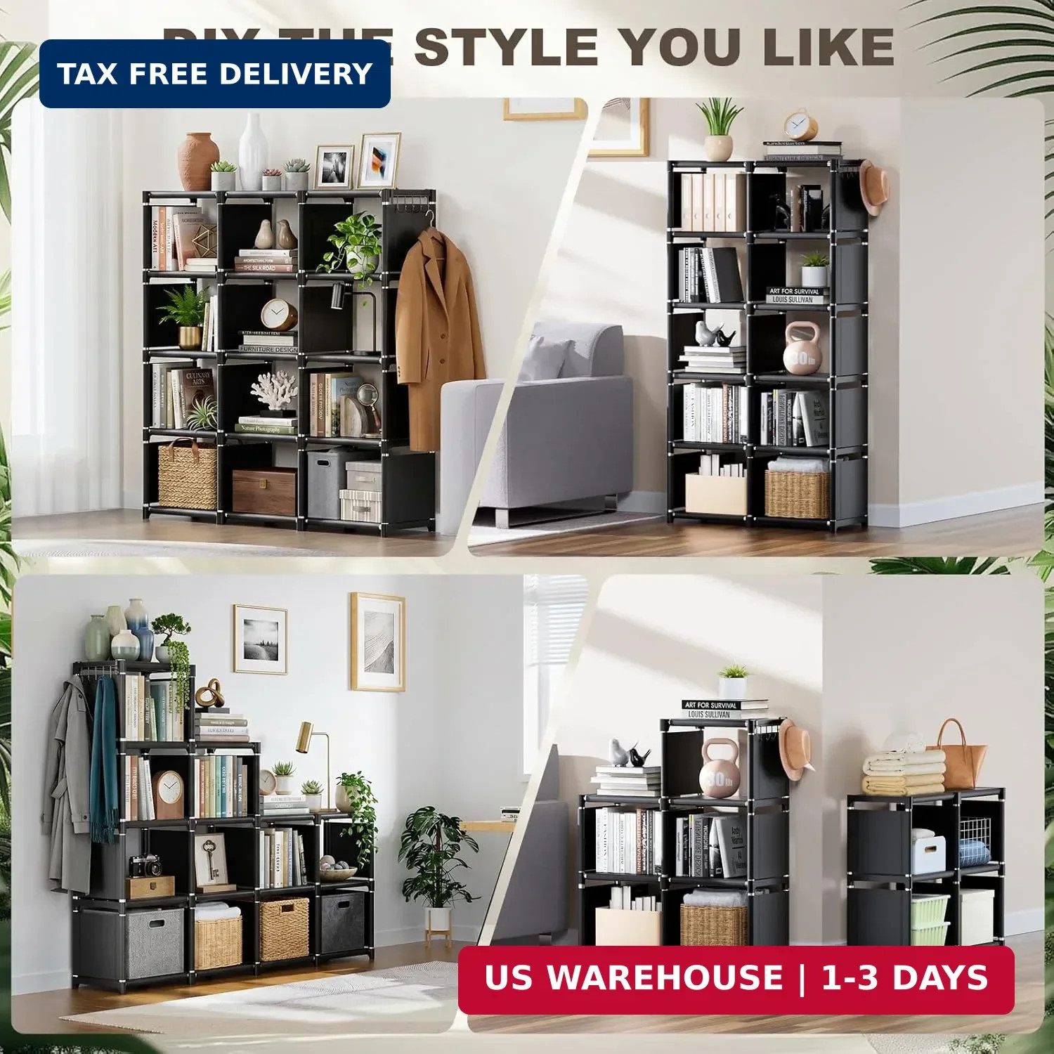 Mavivegue Book Shelf, 12 Cube Storage Organizer, DIY Bookcase, 12-Grid, Black