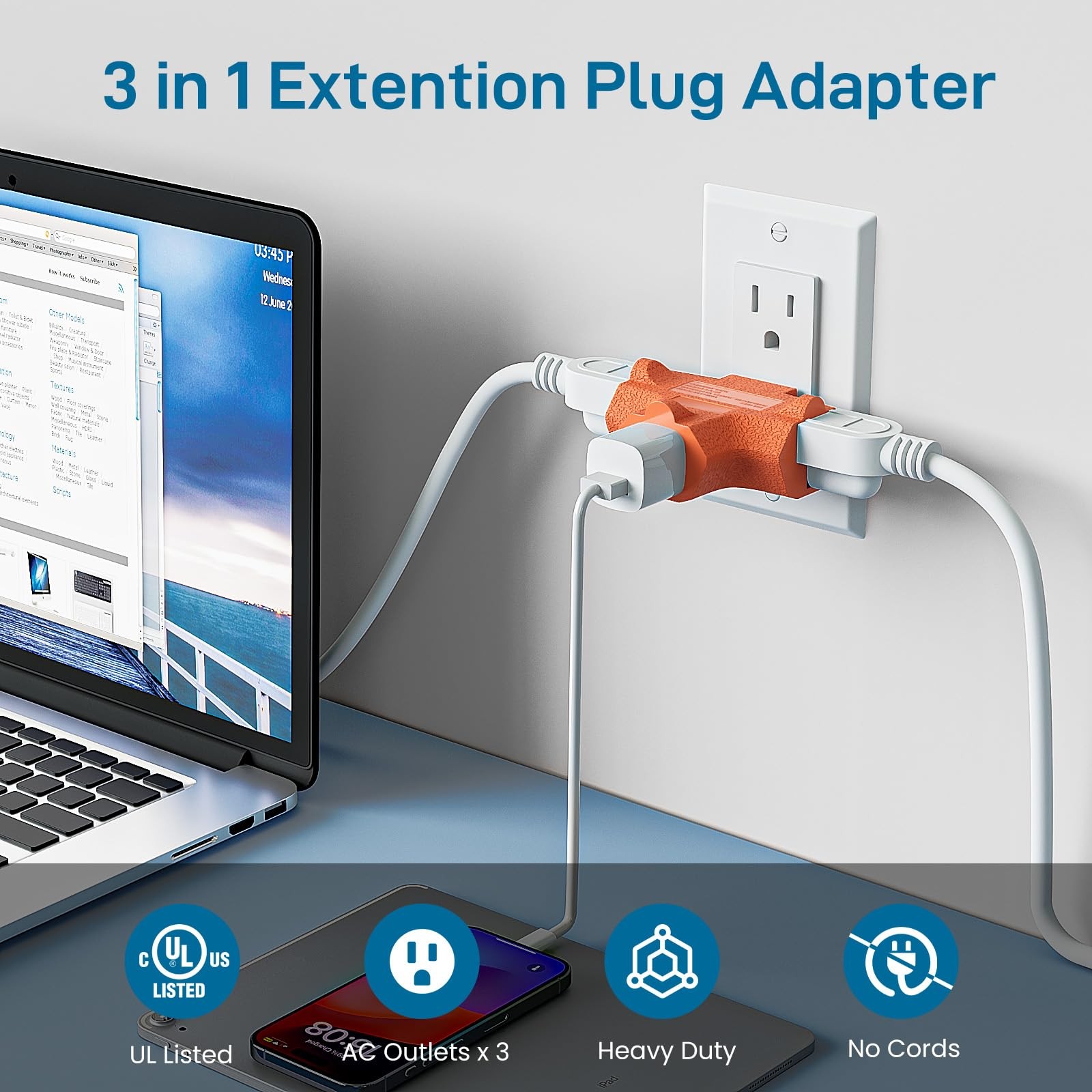 K KASONIC – 3-Outlet Grounding Adapter, [UL Listed] Plug Extender, Orange