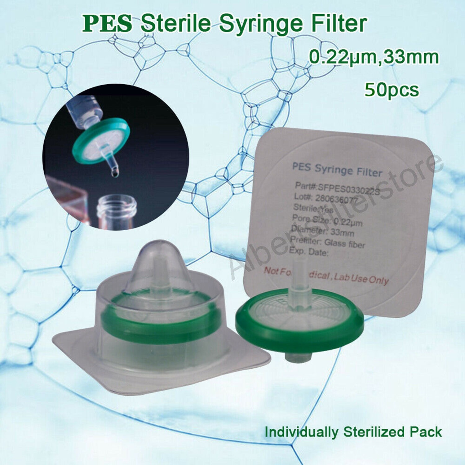 50Pcs PES Membrane Syringe Filter Sterile Lab Hydrophilic 33mm 0.22µm Individual