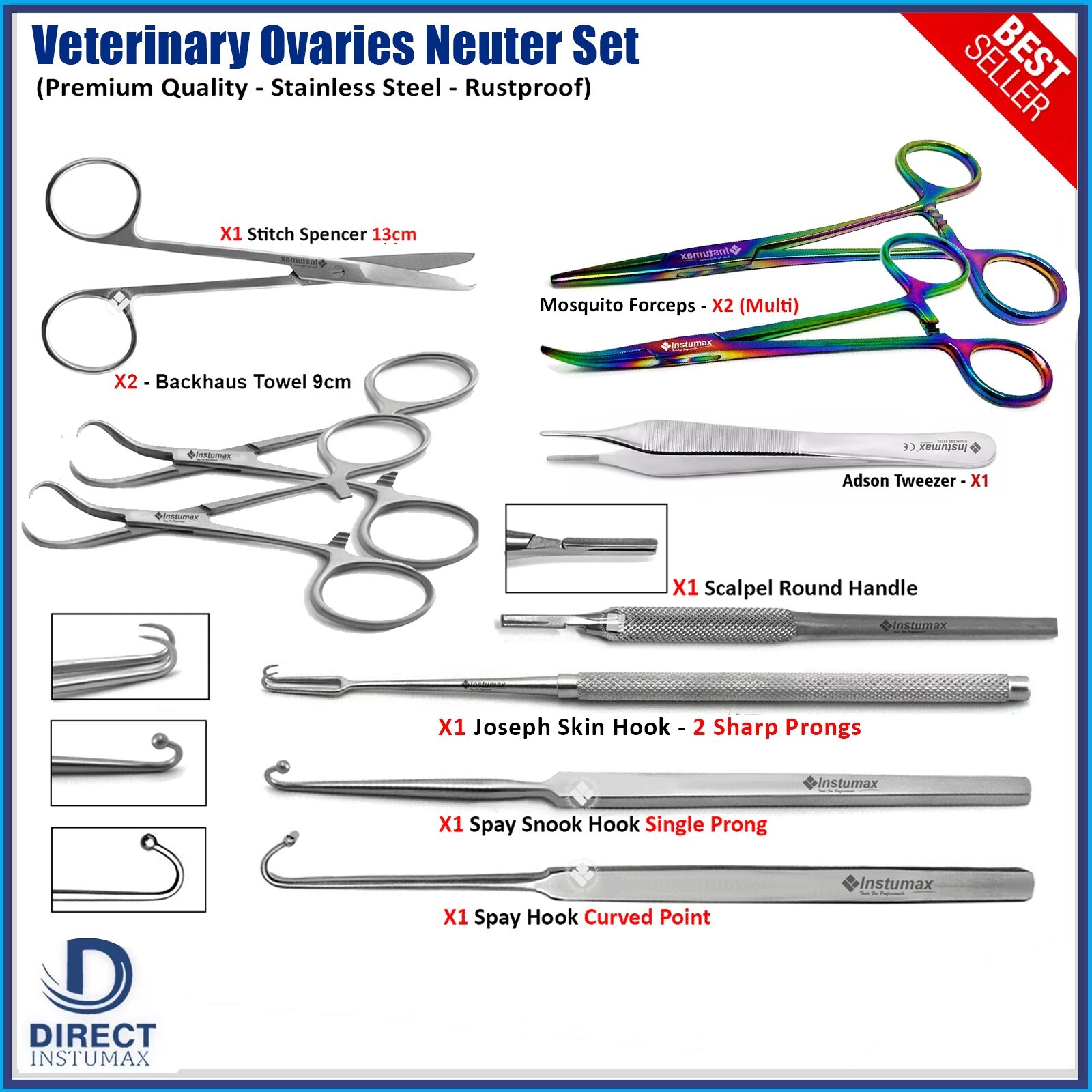 Feline Spay Surgical Kit Spay Snook Hook Forceps Animal Ovaries Veterinary Tools
