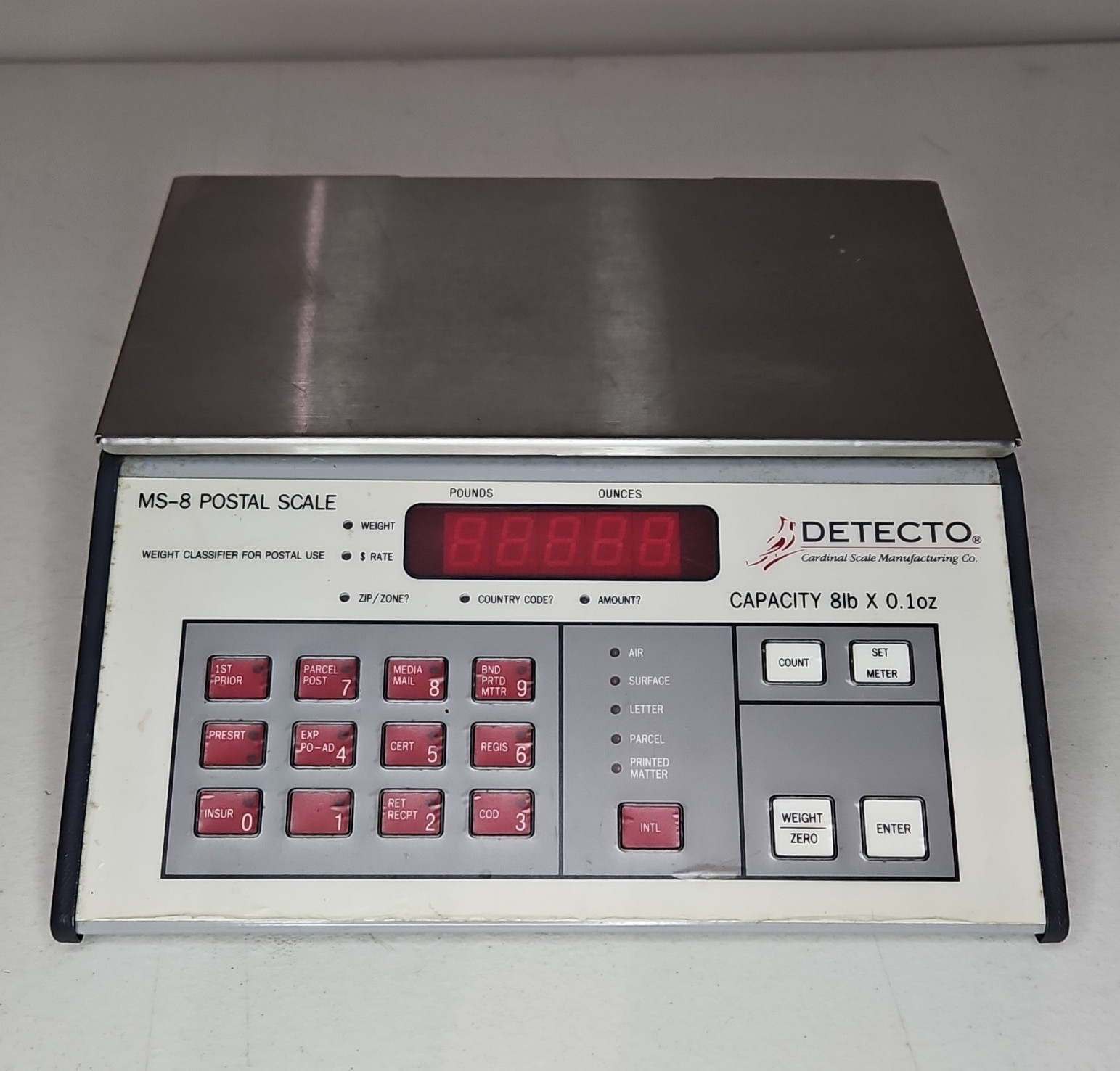 Detecto MS-8 Postal Scale 8 lb x 0.1 oz Stainless Platform, AC Adapter, Serial