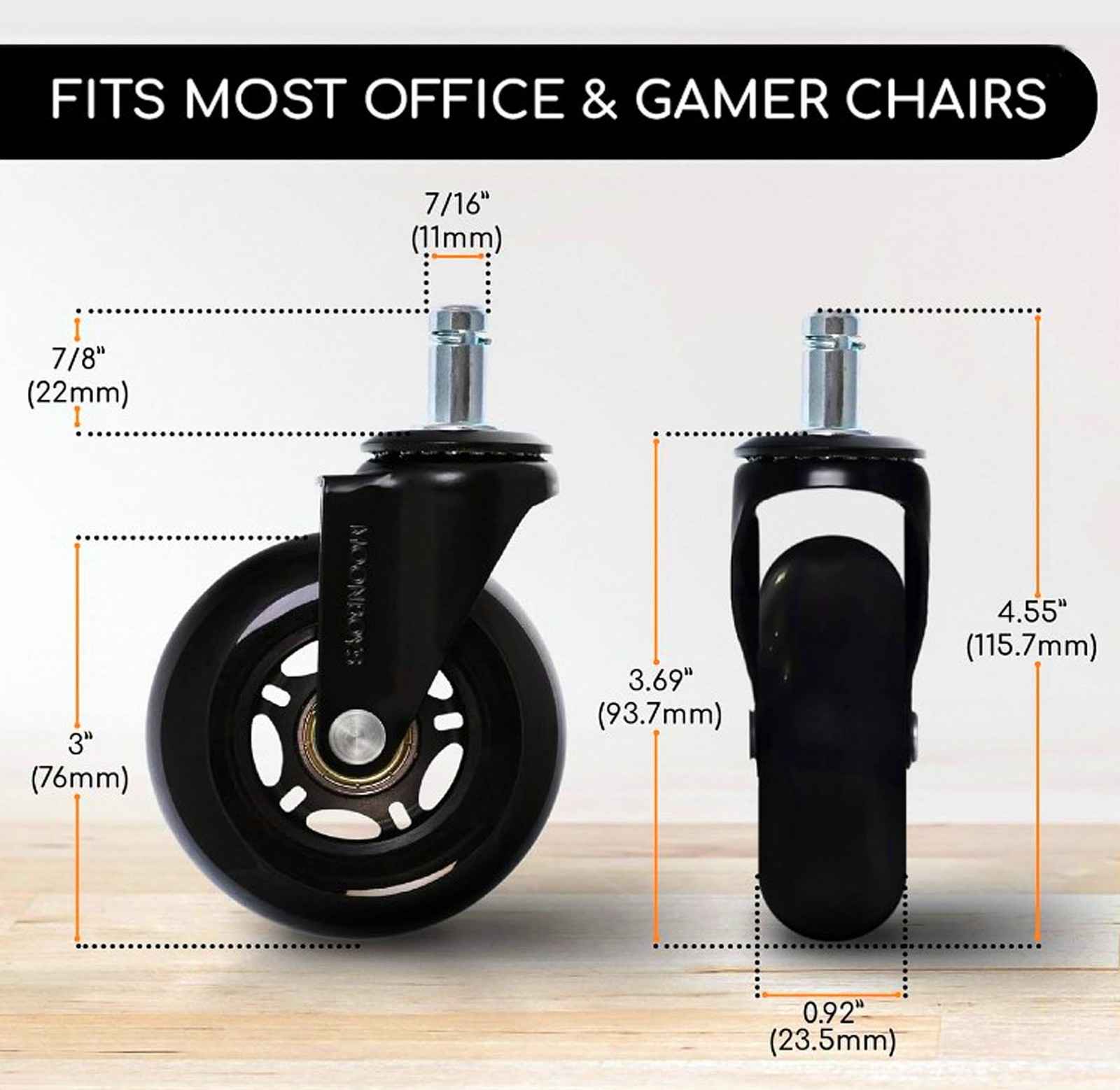 5 Rollerblade Gaming Office Chair Wheel Replacements 3″ Heavy Duty Swivel Caster