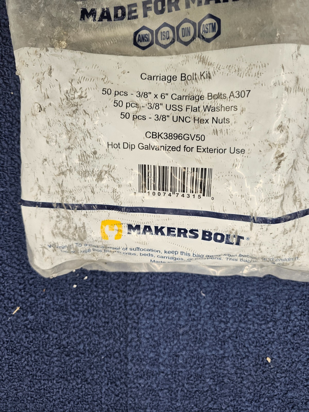 (QTY 50) Makers Bolt CBK3896GV50 3/8″ x 6″ Galvanized Carriage Bolt Grade 307A