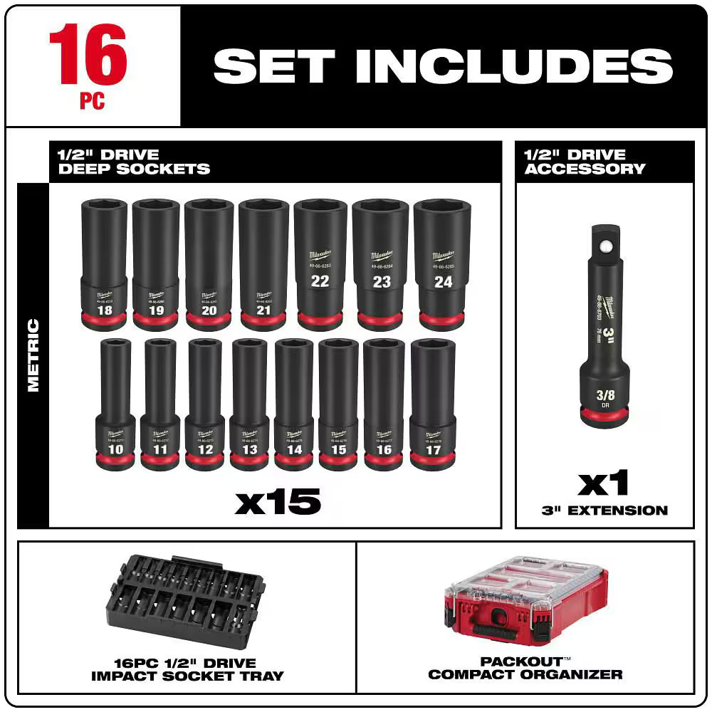 SHOCKWAVE Impact Duty 1/2″ Drive Metric Deep Well PACKOUT Socket Set (16-Piece)