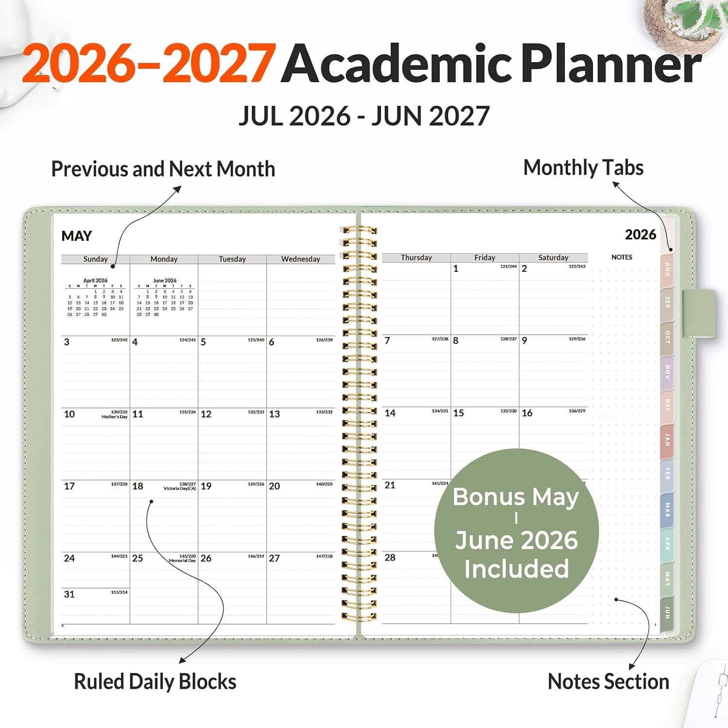 Elegant 2026-2027 Planner – 9×11.2 Leather, Extra Pages & Colorful Tabs