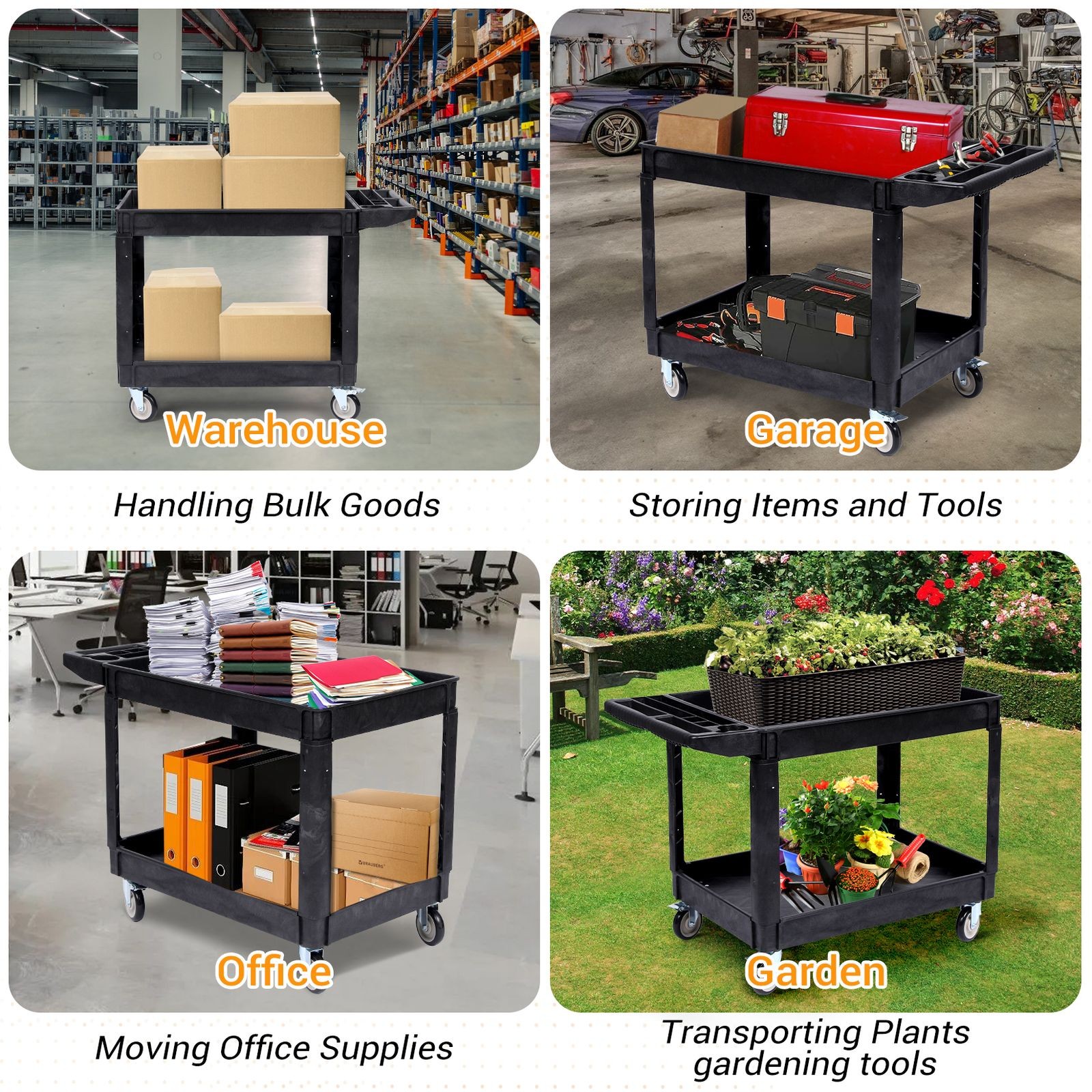 Garvee|Utility Cart|550Lbs|2-Tier|Swivel Wheels|Brakes|Warehouse Garage Use