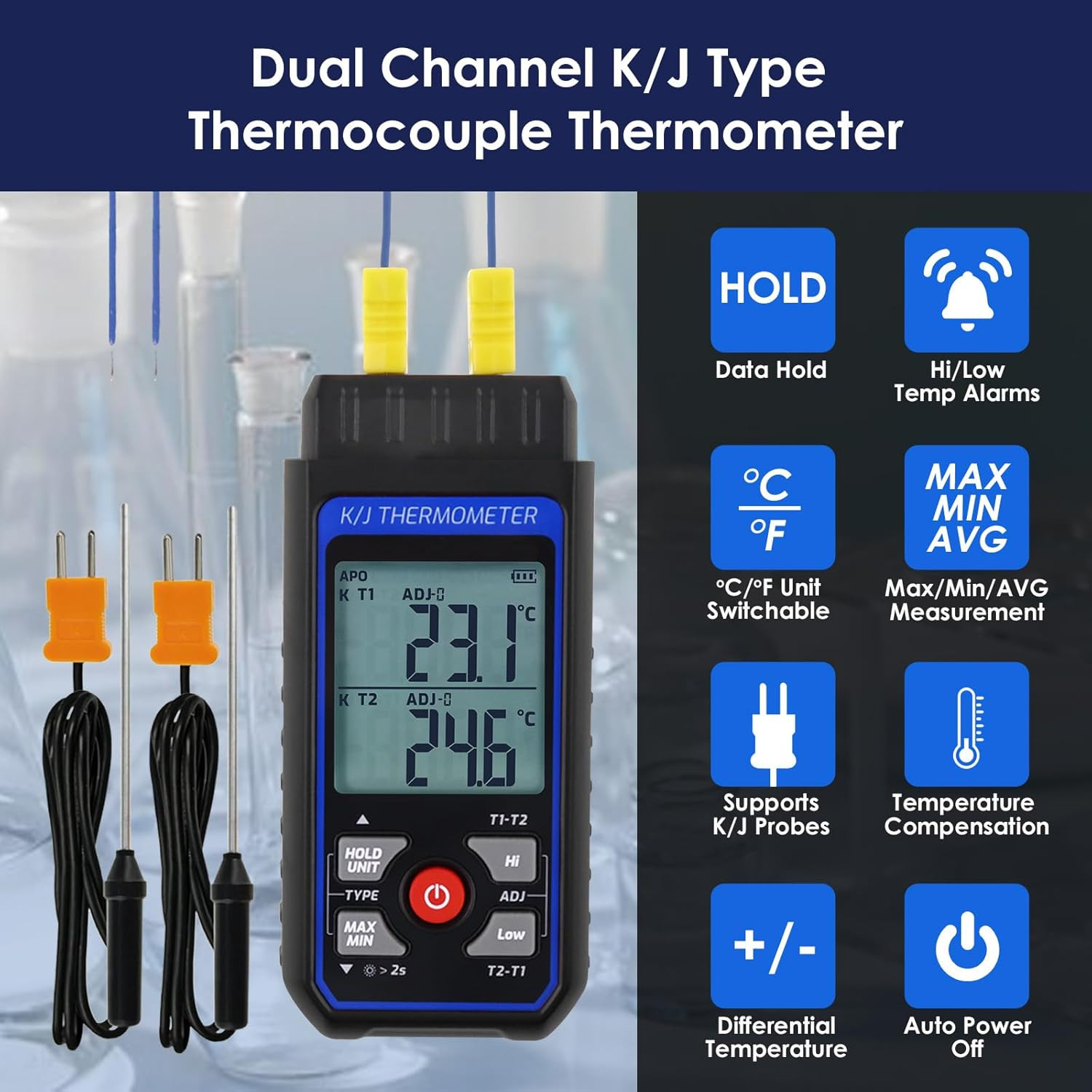 Dual-Channel K/J Thermocouple Thermometer with 4 K-Type Thermocouples -328°F ~ 2