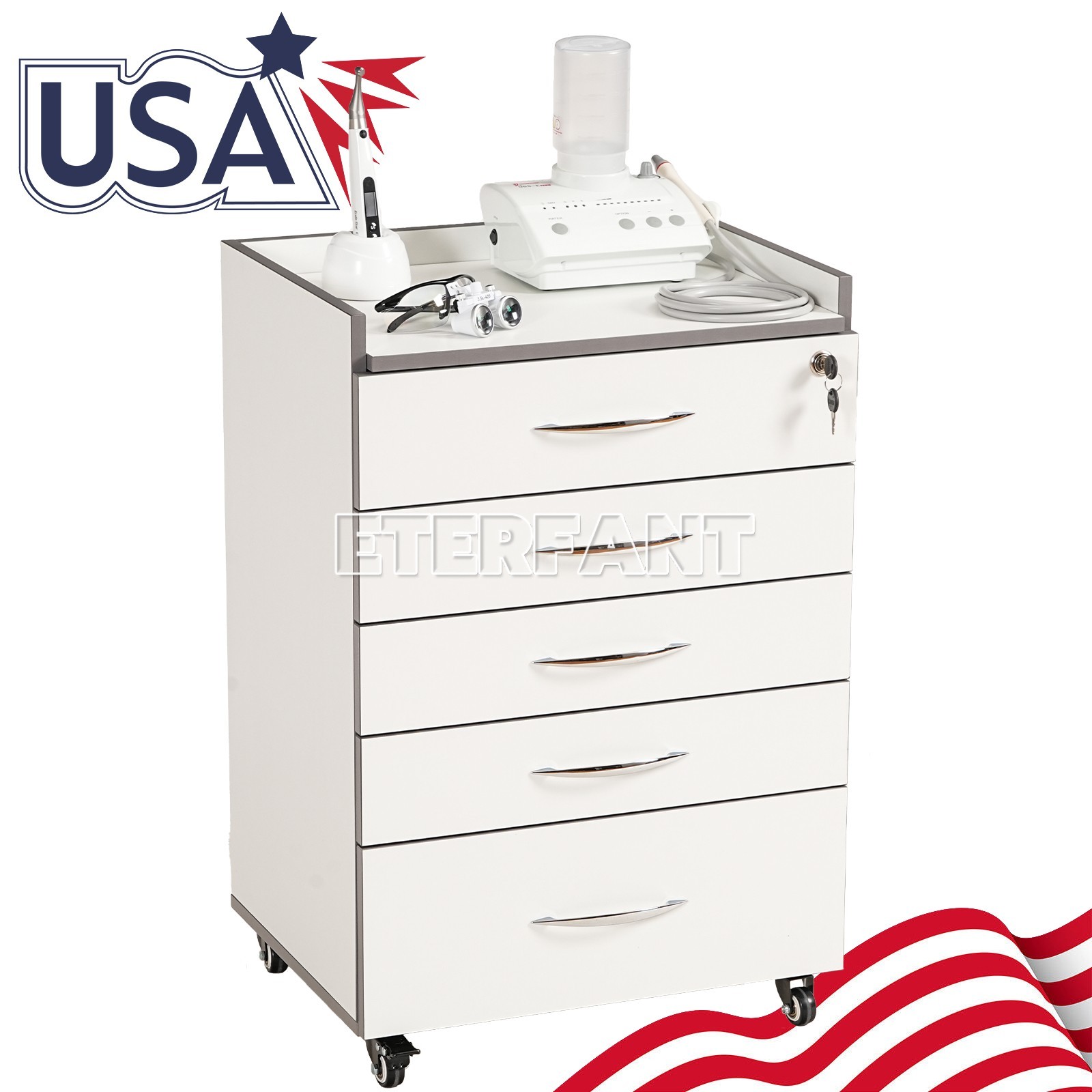 Dental Trolley Cart with Socket/Cart Acrylic Mobile Wooden Cabinet 5 Drawers US