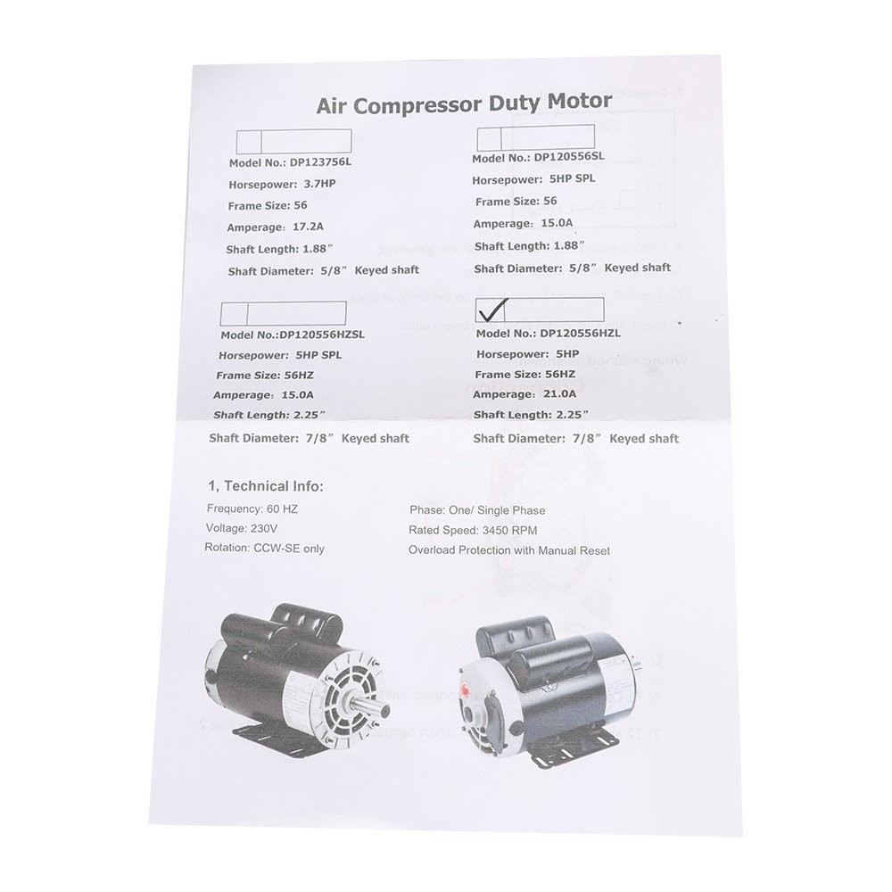 5HP Compressor Duty Electric Motor 1Phase 3450 RPM 56HZ Frame 7/8″Shaft 230V New