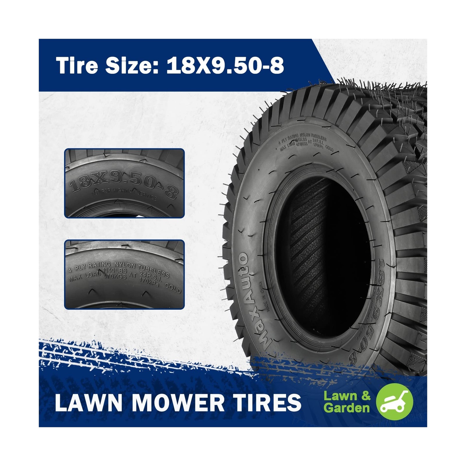 MaxAuto FOX V1 18×9.50-8 Lawn Mower Tires, Patent Design Fox V1 Garden Mower …