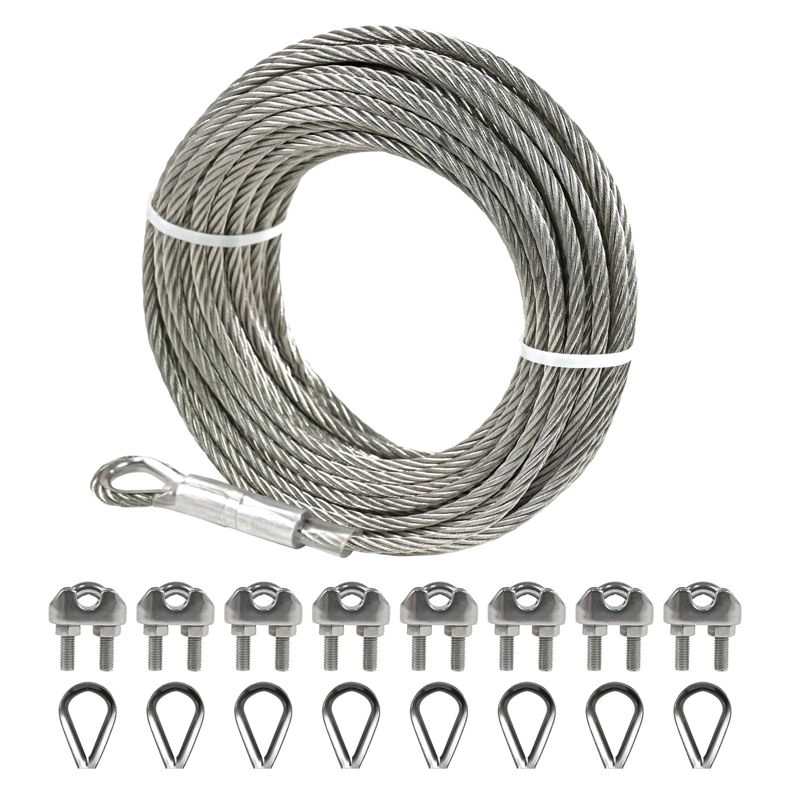 1/4″ Stainless Steel Cable, 25FT Wire Rope with Clamps and Thimble, 7X19 Strands