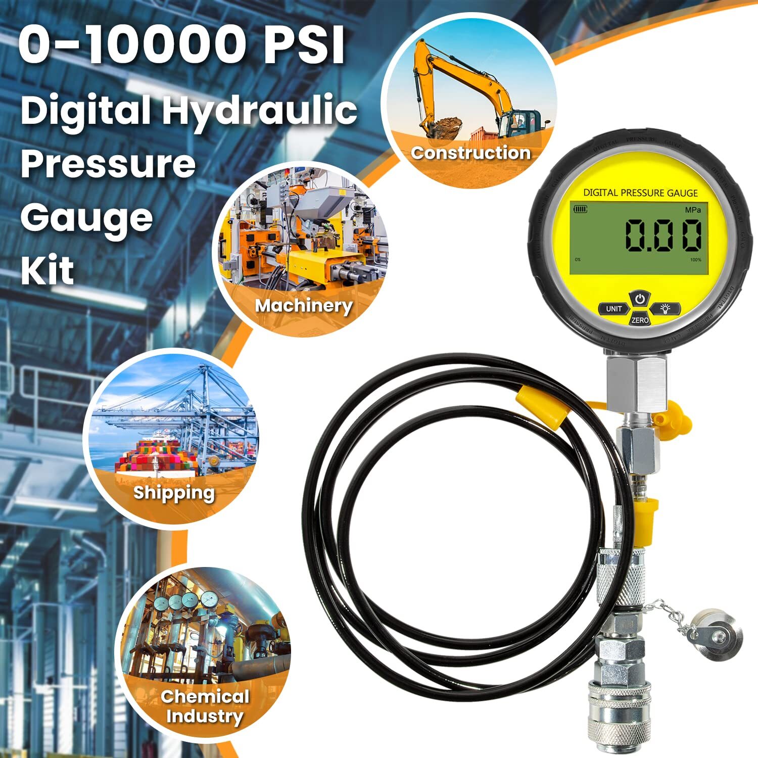 10000PSI Hydraulic Pressure Gauge Kit for Excavator Machinery 1 700BAR 1/4 NPT