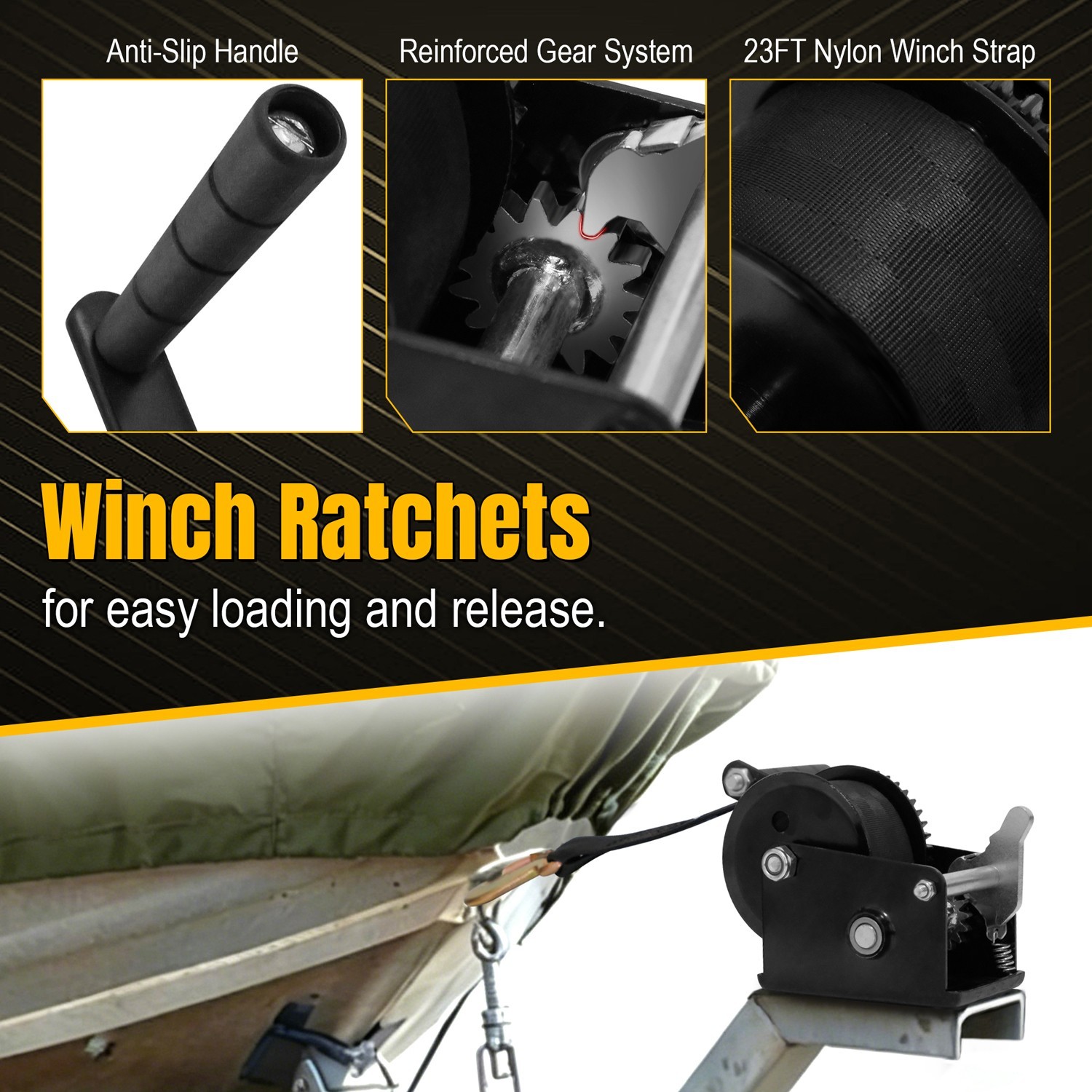 2 Boat Winch 1200lbs Hand Winch Heavy Duty Hand Crank w/ 23ft Strap for Boat/ATV