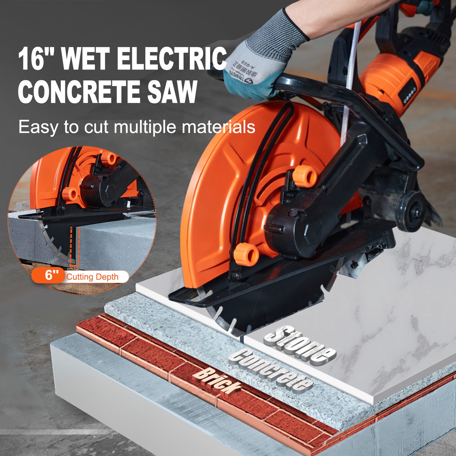 VEVOR 16” Electric Concrete Saw Wet/Dry Saw Cutter with Water Pump and Blade