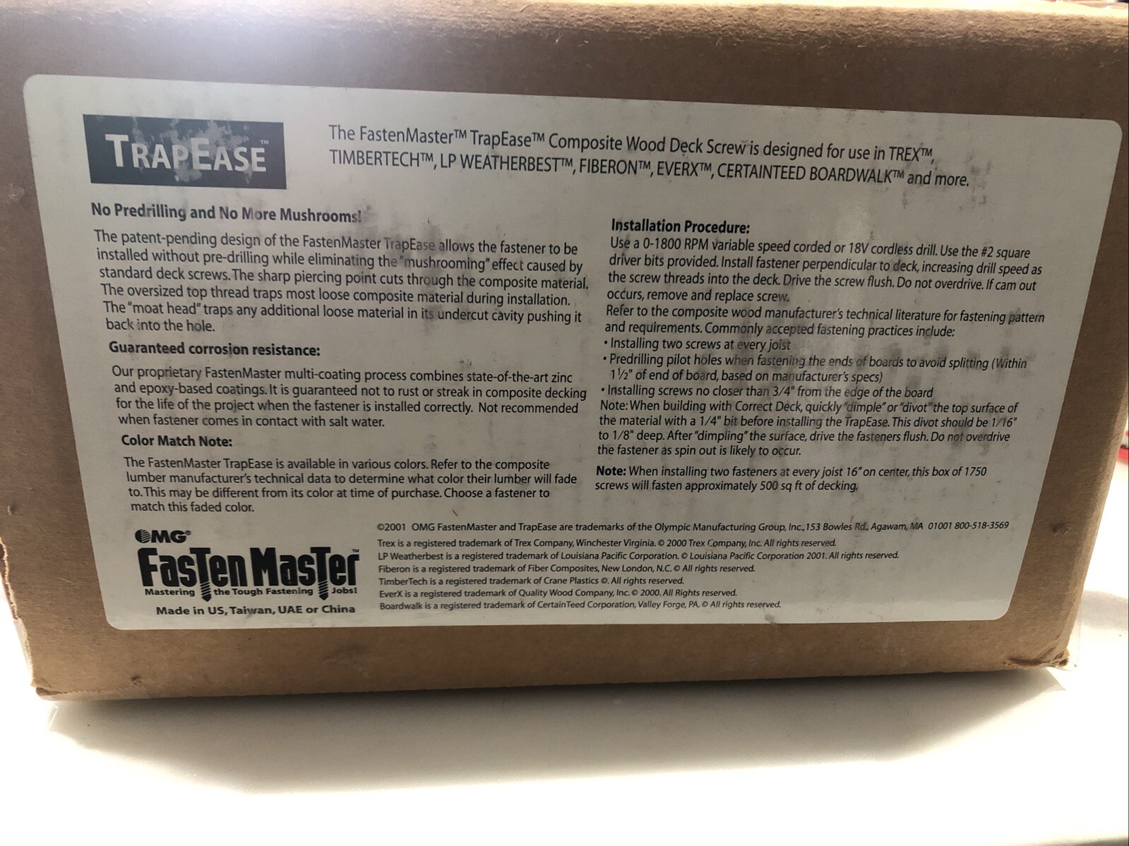 FastenMaster TrapEase Full Case 2-1/2” Square Head Composite Deck Screws 1750pcs