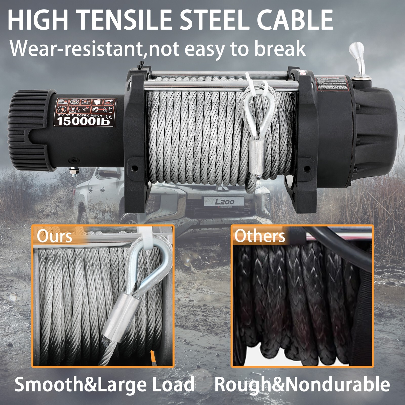 15000 lbs 12V Electric Vehicle Winch, IP66 Waterproof Wire steel Rope