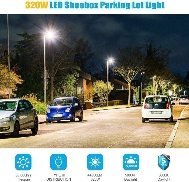 Outdoor 320W LED Shoebox Pole Light Streets Parking Lot Lamp 48000LM + Arm Mount