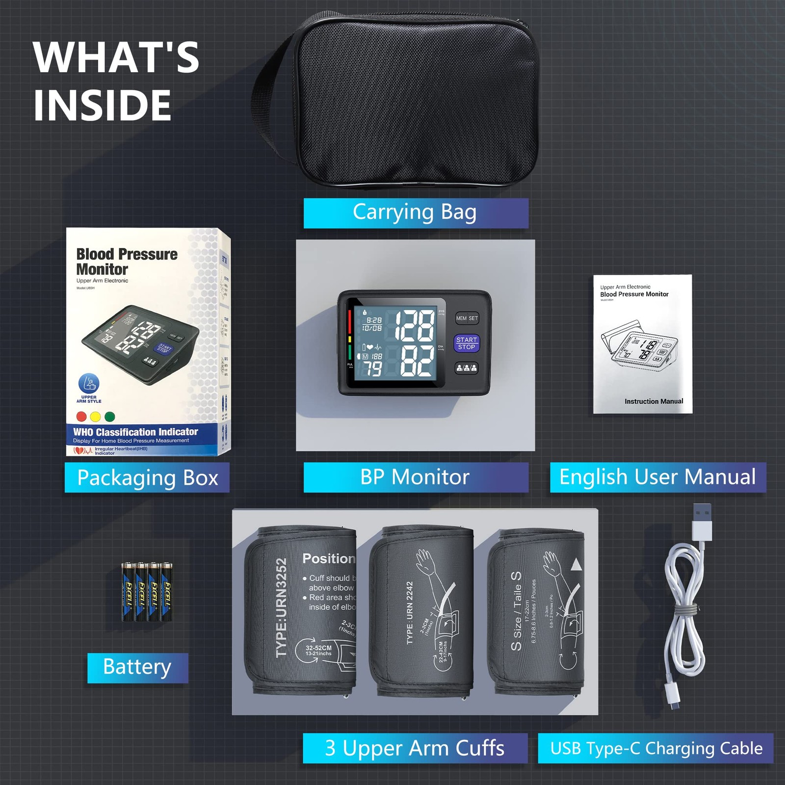 Blood Pressure Machine Upper Arm, 3 Size Cuffs, S, M/L and XL, x-Large, Black