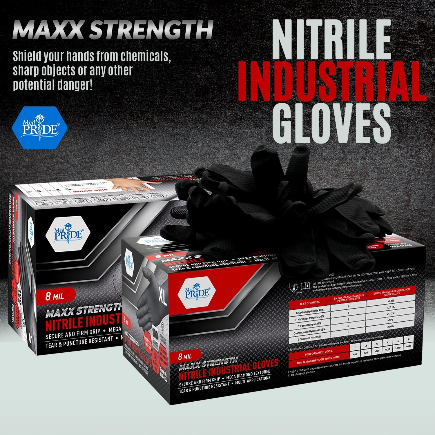 MED PRIDE Maxx Strength Nitrile Industrial Black, 8 Mil Thick – Diamond Textu…