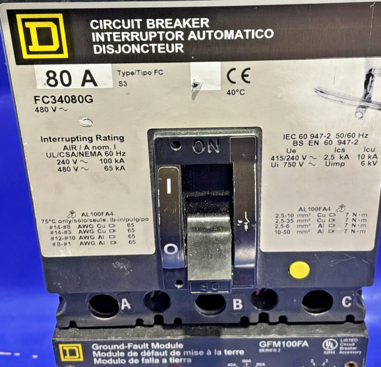 FC34080G 80 Amp Square D I Line 600V 3P w/ Fault GFM100FA 🟦