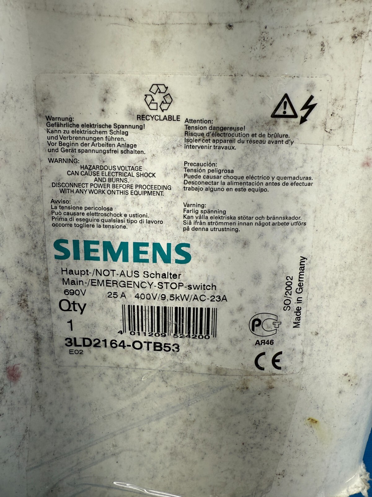 Siemens 3LD2164-OTB53 25A 400V 9.5kW Main Emergency Stop Disconnector Switch