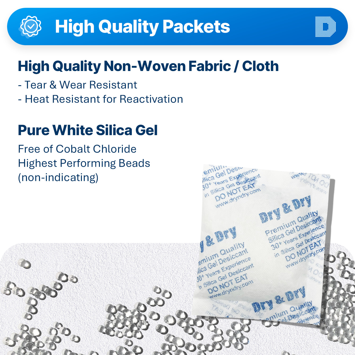 50 gram X 5 PK “Dry & Dry” High Quality Pure Reusable Silica Gel Desiccant