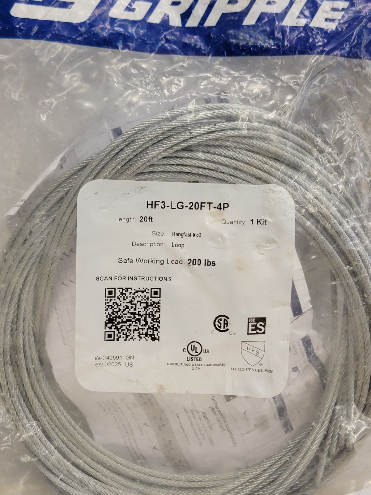 NEW Gripple HF3-LG-20FT -4P Standard Hanger Loop End #3 200LB