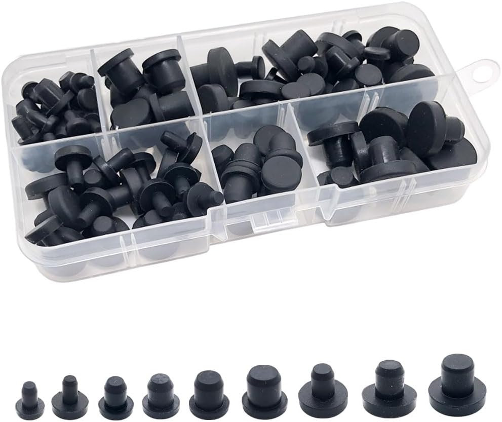 100 Pcs Silicone Rubber Hole Plugs Set – 9 Sizes T-Type Black Silicone Plugs Cap
