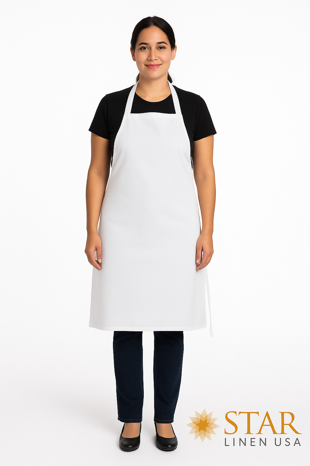 34″ x 36″ White Bib Apron Without Pockets, Duck Weave Cotton-Poly Blend Long Tie