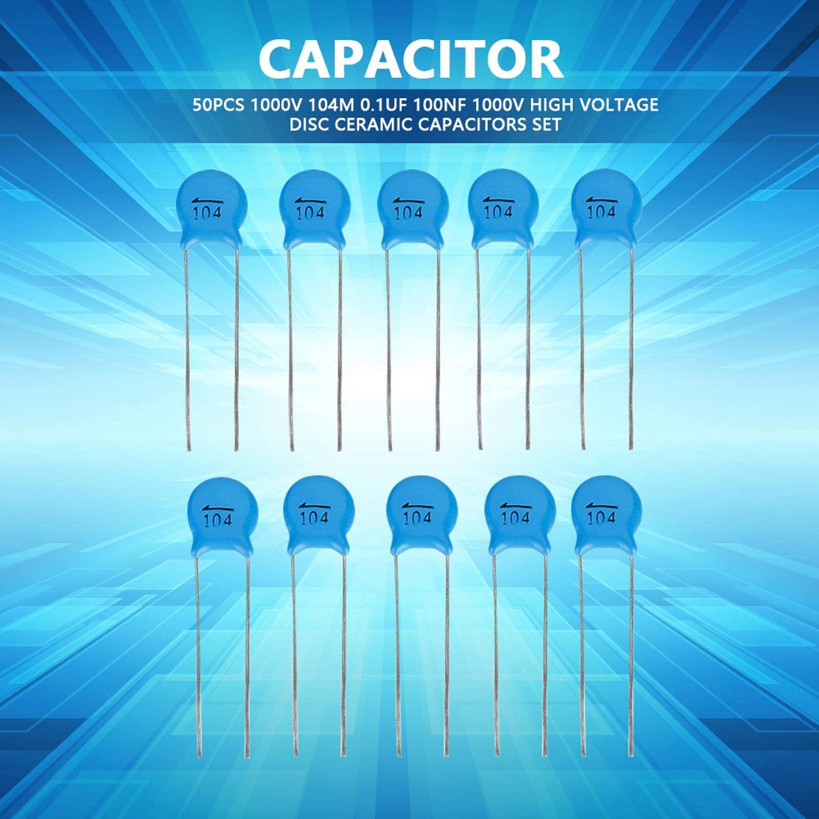 Tyenaza 50Pcs Blue 0.1uF 1000V Ceramic Capacitors Assortment Kit