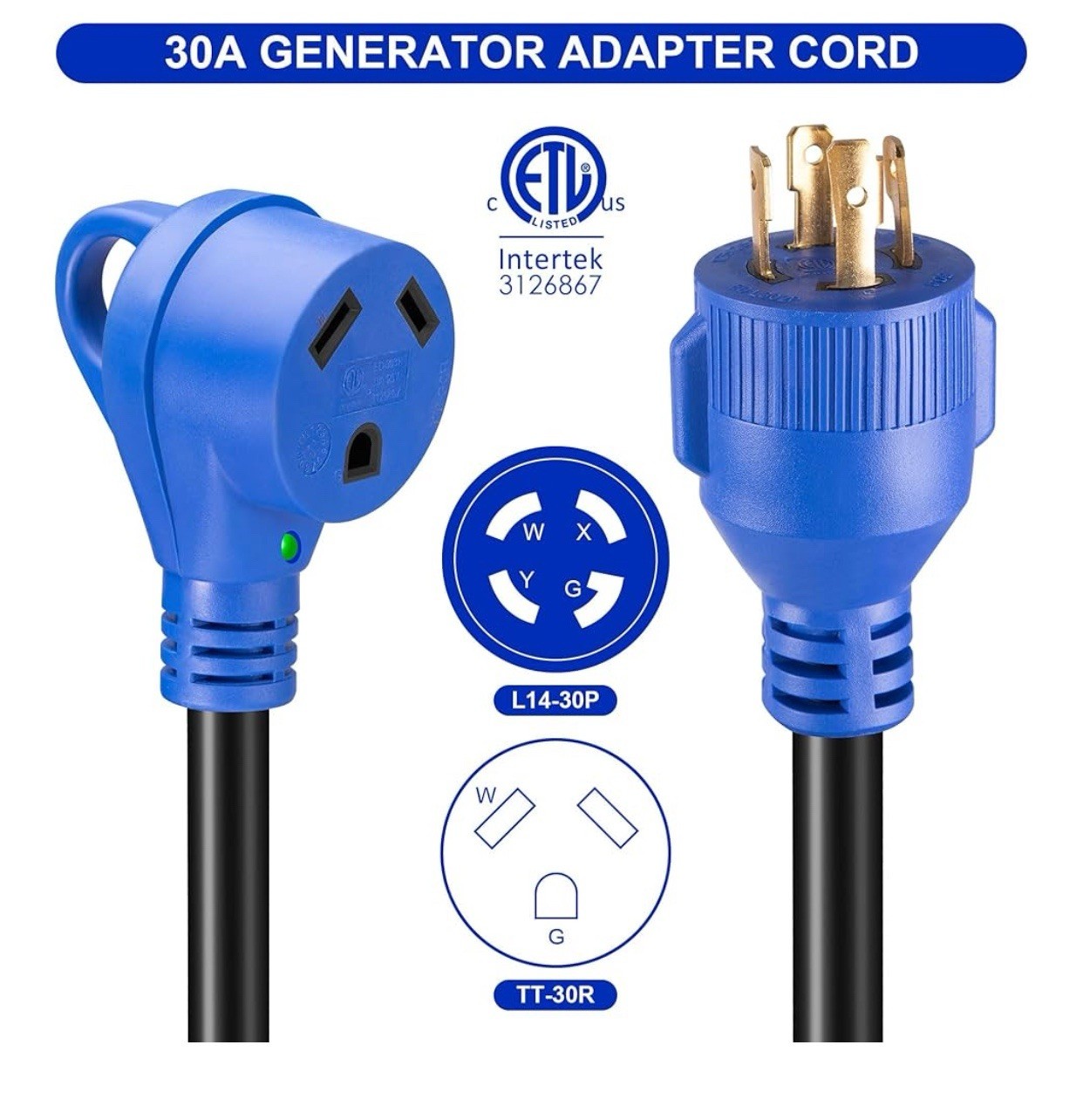 4 Prong 30 Amp RV Generator Adapter Cord NEMA L14-30P to TT-30R Adapter Cord 12″