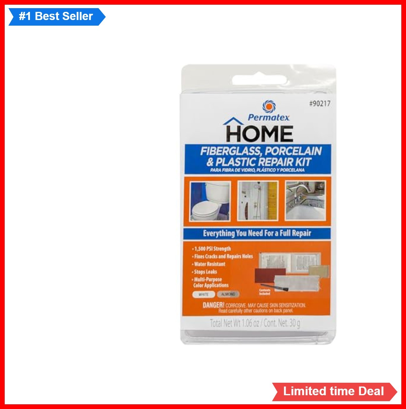 Repair Kit Fiberglass Porcelain Plastic 30 gm Liquid High Strength White Almond