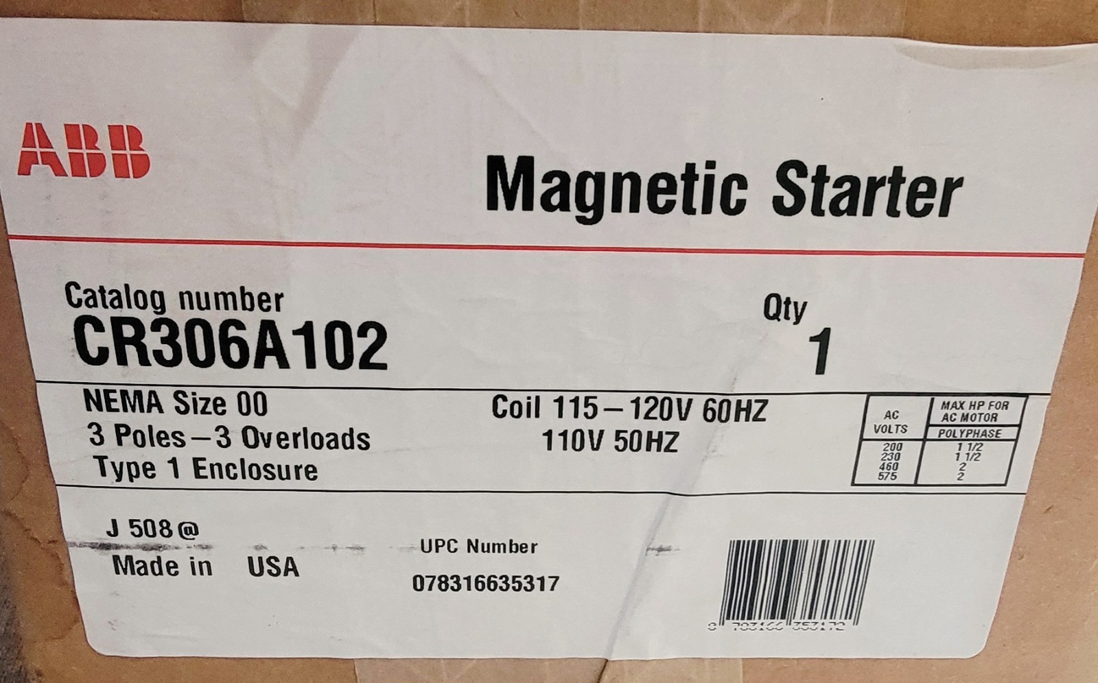 ABB Magnetic Starter CR306A102 NEMA Size 00 115-120V 60Hz 110V