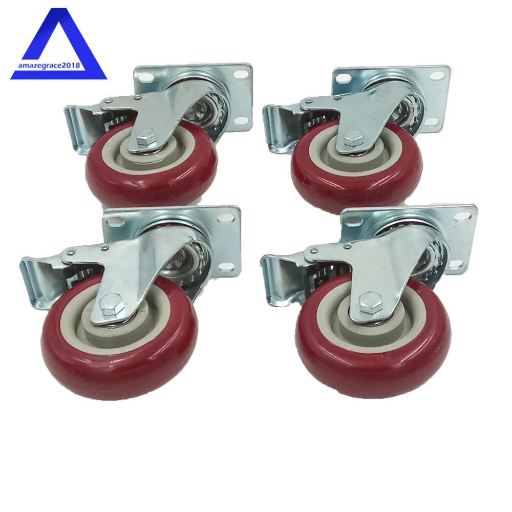 4 Pack 4″ Caster Wheels Swivel Plate Total Lock Brake Red Polyurethane PU