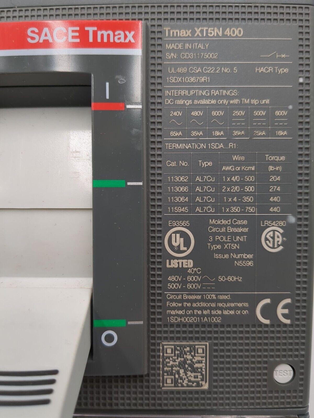 ABB SACE XT5N 400, 1SDX103679R1 Trip, 3 Pole, 400 Amp, 600 Volt, Circuit