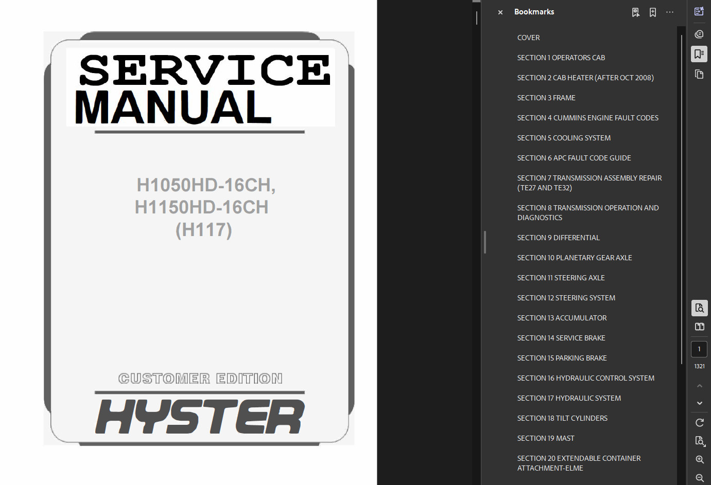 HYSTER FORKLIFT (H117) H40.00XM-16CH SERVICE REPAIR SHOP MANUAL PDF ON USB