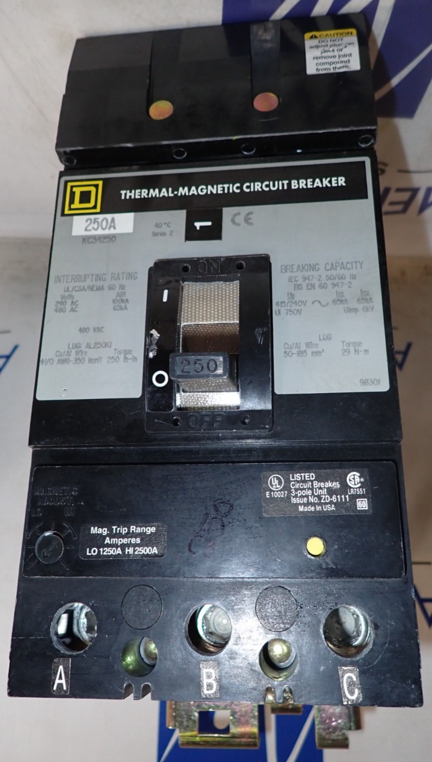 Square D KC34250 250 Amp 480 VAC 3 Pole 65k @ 480v I-Line Circuit Breaker TESTED