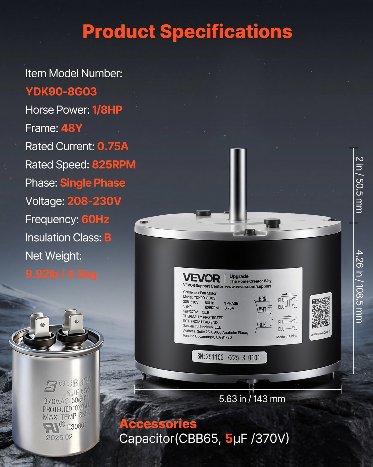 VEVOR Condenser Fan Motor with Capacitor 1/8HP 825RPM 208-230V CW/CCW Rotation